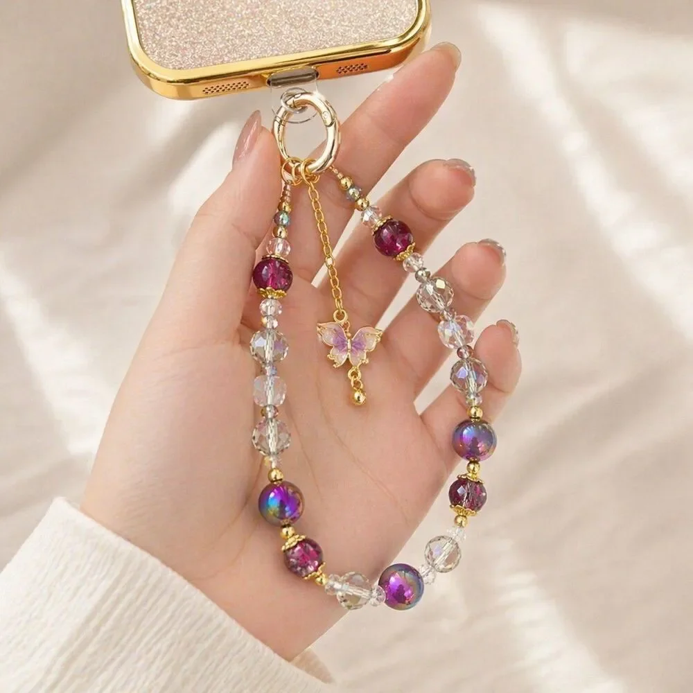 Beaded Phone Wrist Strap Purple Crystal Butterfly Charm Cute Wristlet